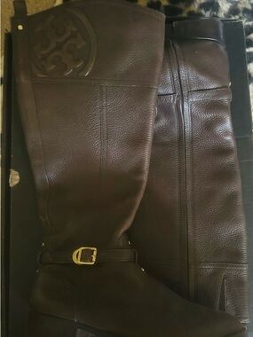 Coach Tory Burch  Dark Brown Leather Boots with Gold Buckle Detail